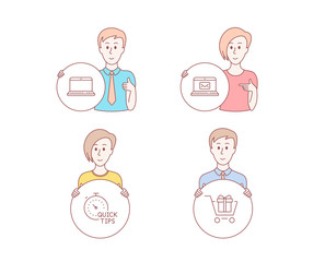 People hand drawn style. Set of E-mail, Quick tips and Notebook icons. Shopping cart sign. New message, Helpful tricks, Laptop computer. Gift box.  Character hold circle button. Man with like hand