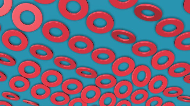 red three-dimensional rings rotate on a turquoise background. abstract background. 3d render