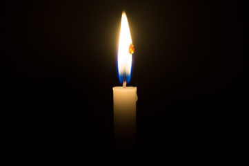 A single candle light glowing on a white candle in the middle part of frame on black background