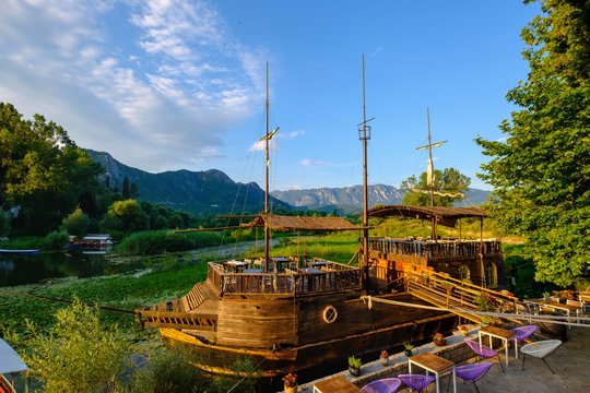 Restaurant on replica sailing ship, Virpazar, Lake Skadar, Skadarsko Jezero, National Park Lake Skadar, near Bar, Montenegro, Europe