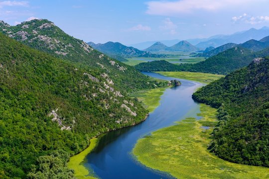 River Rijeka Crnojevica and Lake Skadar, view from Pavlova Strana viewpoint, Lake Skadar National Park, near Cetinje, Montenegro, Europe