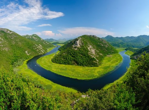 River bend of the river Rijeka Crnojevica, view from the viewpoint Pavlova Strana, national park Skutarisee, near Cetinje, Montenegro, Europe