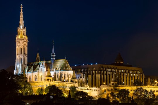 Illuminated Matthias church with fisherman's bastion, night view, Budapest, Hungary, Europe