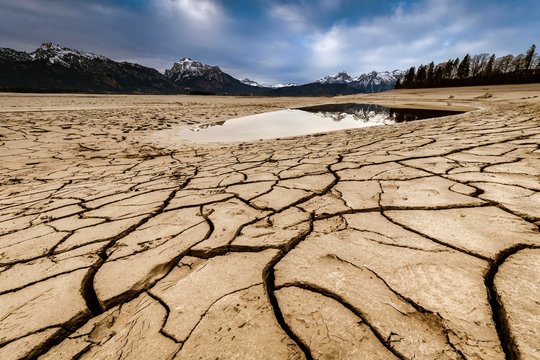 Cracked, dried out soil with small water area and Allgau Alps in the background, Forggensee, Fussen, Ostallgau, Bavaria, Germany, Europe