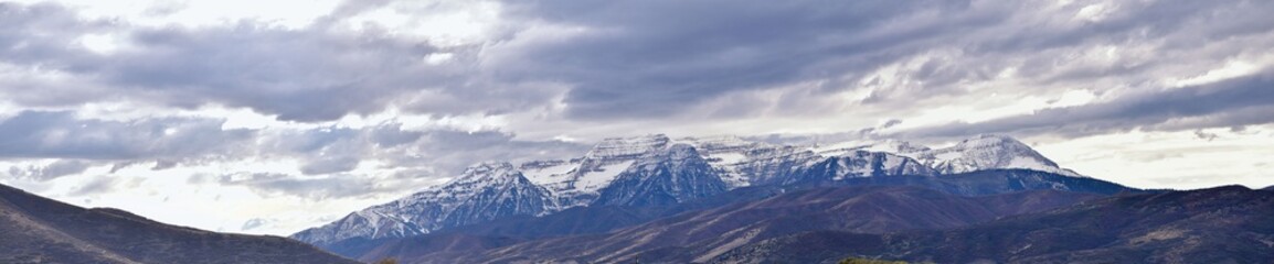 Panoramic Landscape view from Kamas and Samak off Utah Highway 150, view of backside of Mount Timpanogos near Jordanelle Reservoir in the Wasatch back Rocky Mountains, and Cloudscape. America.