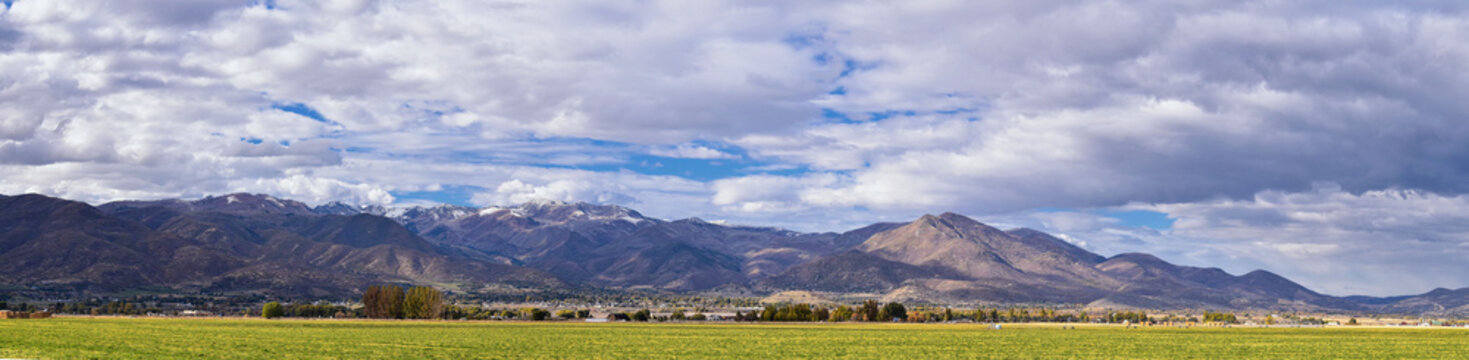 Panoramic Landscape view from Kamas and Samak off Utah Highway 150, view of backside of Mount Timpanogos near Jordanelle Reservoir in the Wasatch back Rocky Mountains, and Cloudscape. America.