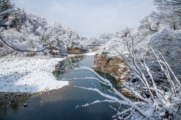 Nature of Shirakawa-go village area on winter, one of UNESCO world heritage sites, Gifu, Japan