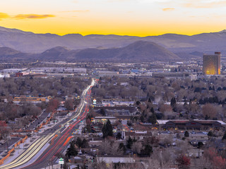 City of Sparks, Nevada, cityscape long exposure photograph at sunset.