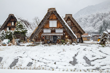 Best landmark at Shirakawa-go village in winter with traditional House Gassho style and one of UNESCO world heritage sites, 