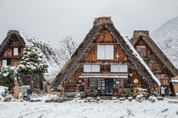 Best landmark at Shirakawa-go village in winter with traditional House Gassho style and one of...