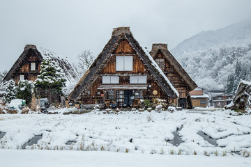Best landmark at Shirakawa-go village in winter with traditional House Gassho style and one of UNESCO world heritage sites, 