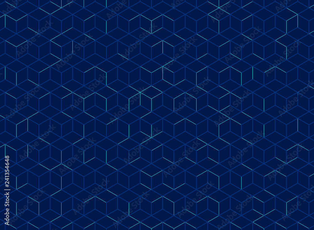 Poster abstract cube pattern on dark blue background. digital geometric lines square mesh.