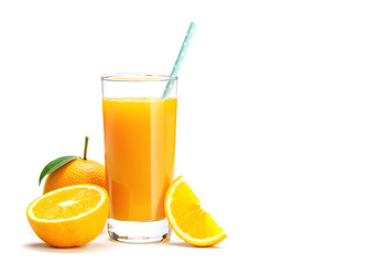 Glass of fresh orange juice isolate on white background, Fresh fruits Orange juice in glass with group of orange on white