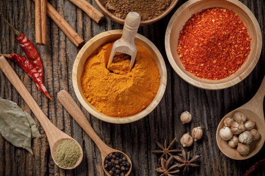 Herbs and spices on the wooden table