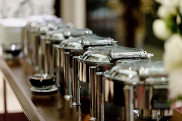 buffet food, catering food party at restaurant, mini canapes, snacks and appetizers