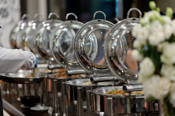 buffet food, catering food party at restaurant, mini canapes, snacks and appetizers