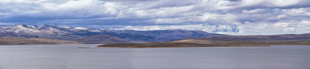 Strawberry Reservoir Bay in Fall, panorama forest views along Highway 40 near Daniels Summit between Heber and Duchesne in the Uinta Basin, Utah, USA. 