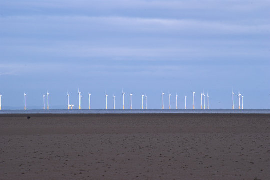 Offshore Wind Turbines On The Solway Coast, Southerness, Dumfries, Scotland.