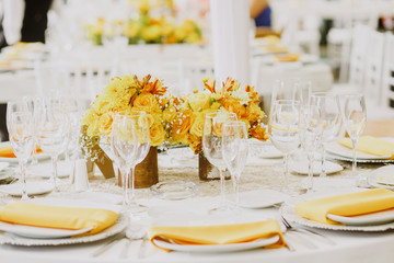 yellow table setup, wedding guest table, reception layout rustic and vintage background in color yellow