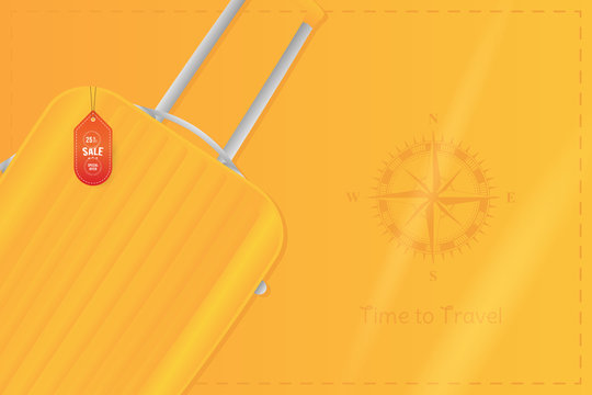 Time to Travel. Banner with Sale and special offer 25% on tourism. Plastic travel bag with vintage compass on an orange background.