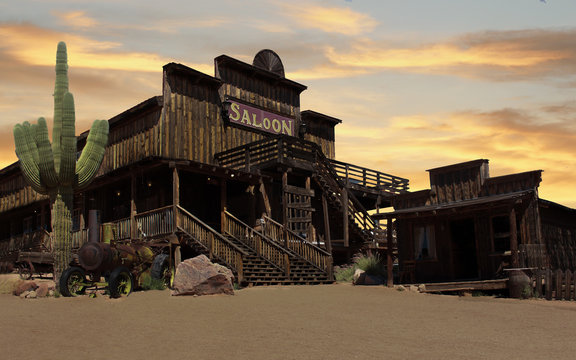 Wild West Cowboy Town at sunset 