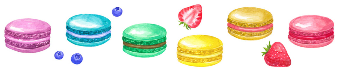 Brighr corolful macaroons. Pink, yellow, blue, green, beige, purple. With blueberries and strawberries. Hand drawn watercolor illustration. Isolated on white background.