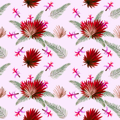 Seamless pattern. Tropical leaves watercolor background.. Tropical leaves watercolor background. Flower illustrations.