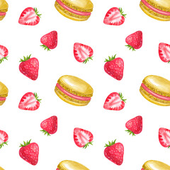 Seamless pattern with strawberry and macaroons. Hand drawn watercolor illustration. Isolated on white background.
