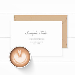 Flat lay top view elegant white composition paper kraft envelope and coffee on wooden background