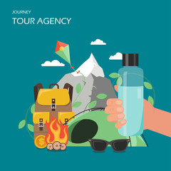 Tour agency poster banner, vector flat illustration