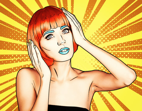 Portrait of young woman in comic pop art make-up style. Female in red wig on yellow  - orange cartoon background