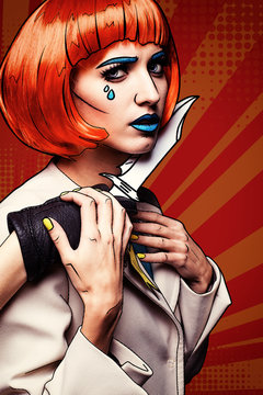 Female with knife near throat. Portrait of young woman in comic pop art make-up style