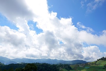 Beautiful landscape on mountain with sky and cloud, peace and relaxation, Beautiful nature to make our mind calm, Mist and green mountains in the background, copy space, Doi Chiang Dao at Thailand