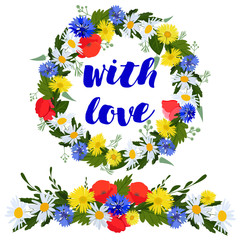 bright wreath and colorful garland of daisies, cornflowers and poppies with love