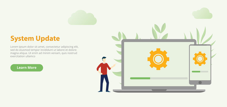 System Update Design Website Template Banner With Laptop And Download Process Gear Icon