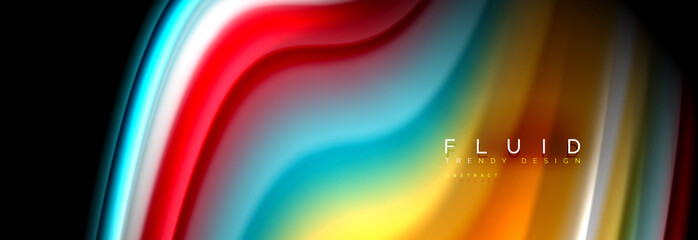 Bright colorful liquid fluid lines on black, modern abstract background