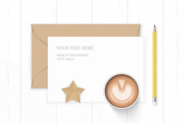 Flat lay top view elegant white composition letter paper kraft envelope star shape craft coffee and yellow pencil on wooden background