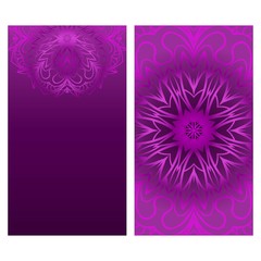 Fototapeta na wymiar Set of Design Vintage Cards With Floral Mandala Pattern And Ornaments. Vector Template. Purple color