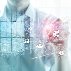 Business process automation concept. Gears and icons on abstract background