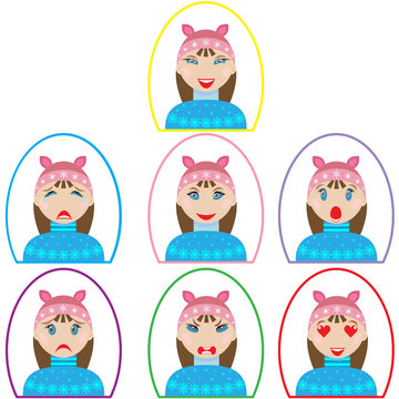 set of emotion icons. girl in winter clothes in oval frame in flat style
