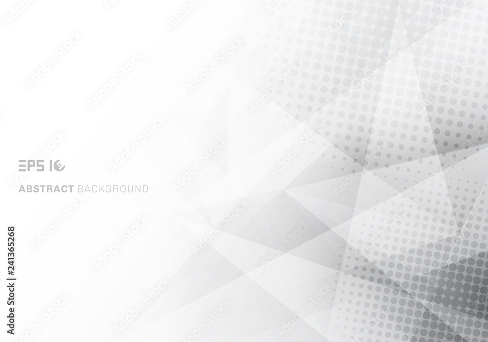 Wall mural abstract low poly white and gray triangles polygon and halftone with copy space white background