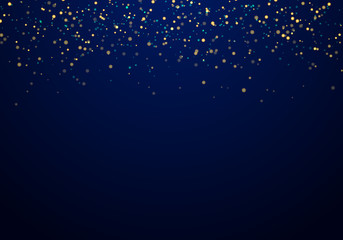 Abstract falling golden glitter lights texture on a dark blue background with lighting.