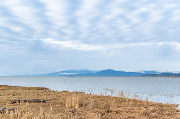 Landscape of coastal mountains and UBC Endowment Lands as seen from Richmond, BC