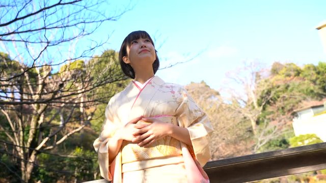 着物の日本人女性・イメージ・ローアングル　青空