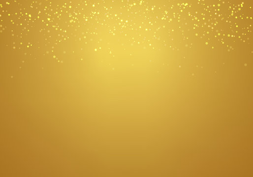 Abstract Falling Golden Glitter Lights Texture On A Gold Gradient Background With Lighting.