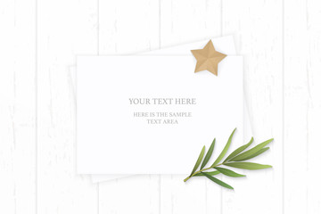 Flat lay top view elegant white composition paper tarragon leaf and star shape craft object on wooden background