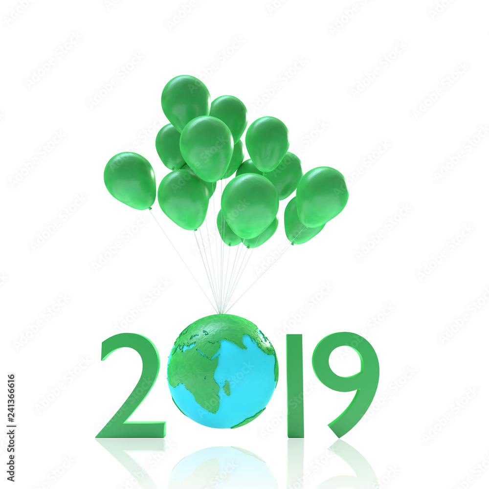 Poster 2019 concept and globe with world map and balloon