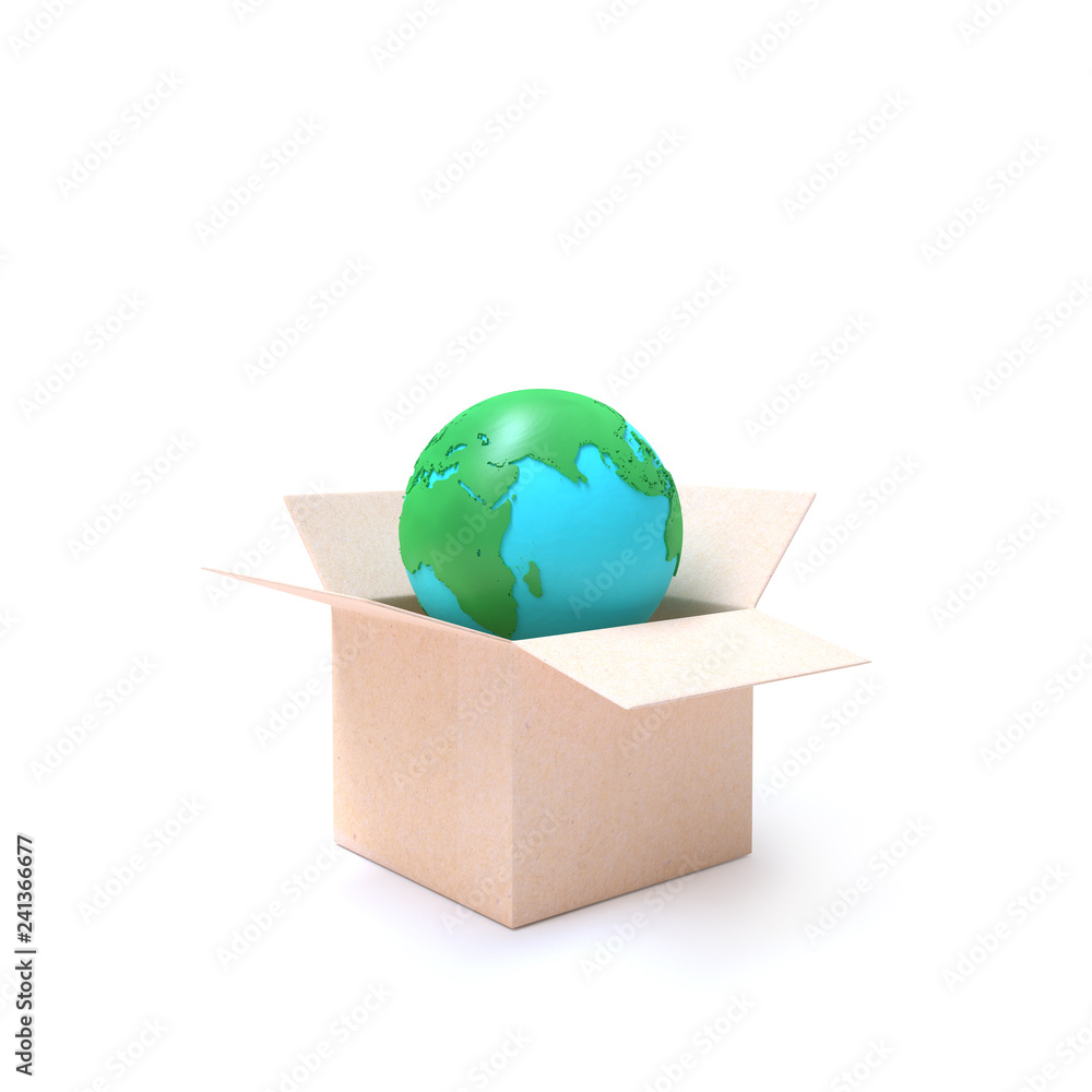 Poster transport idea concept. globe in the box with clipping path, 3d render.