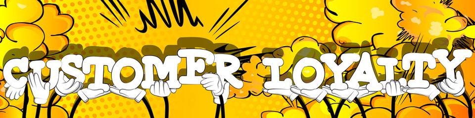 Diverse hands holding letters of the alphabet created the words Customer Loyalty. Vector illustration.