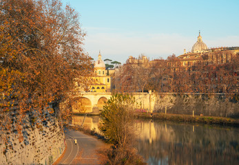 Rome (Italy) - The Tiber river and the monumental Lungotevere at sunset. 